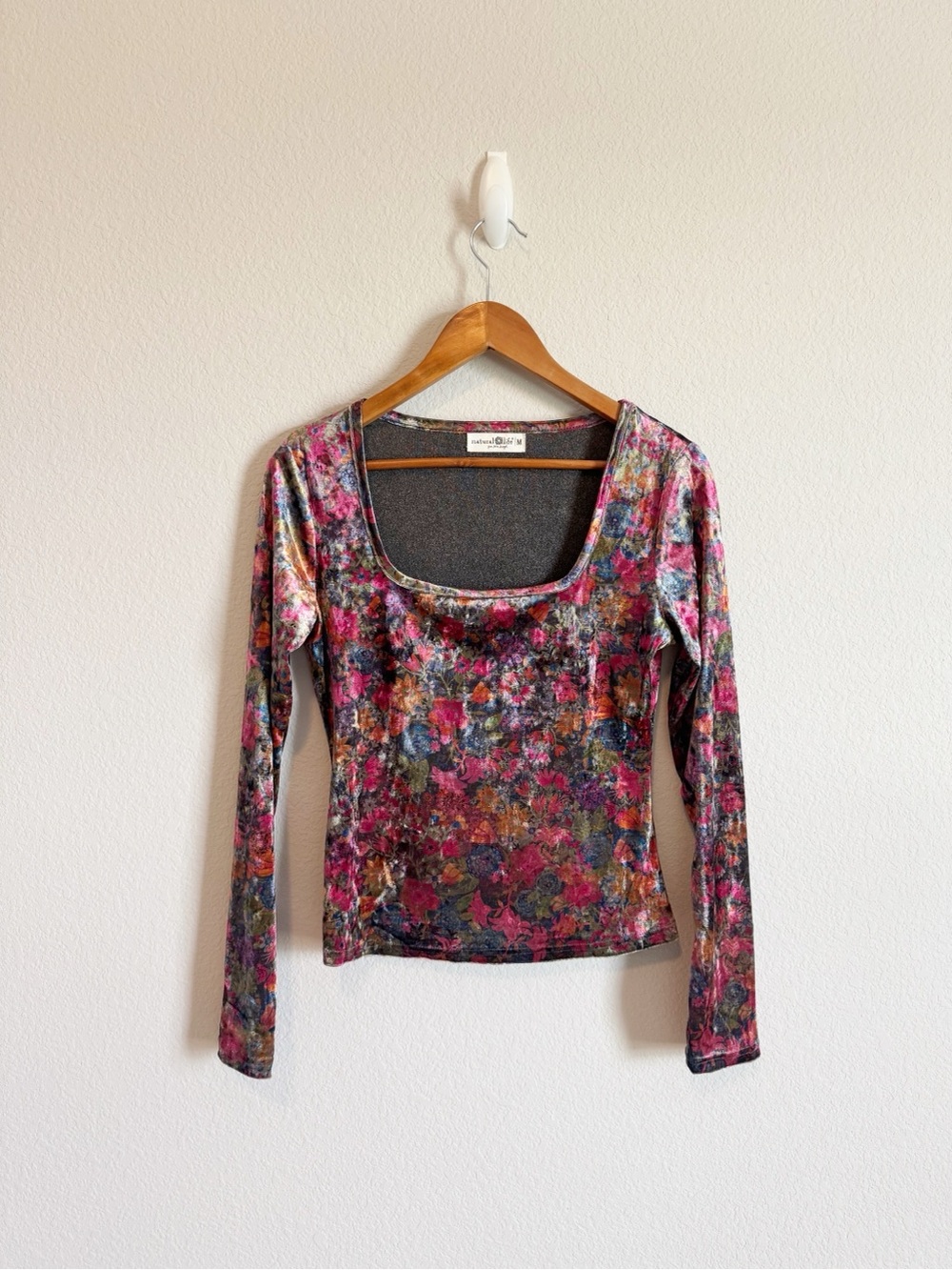 Natural Life Danielle Floral Print Long Sleeve Square Neck Boho Top Size Medium
